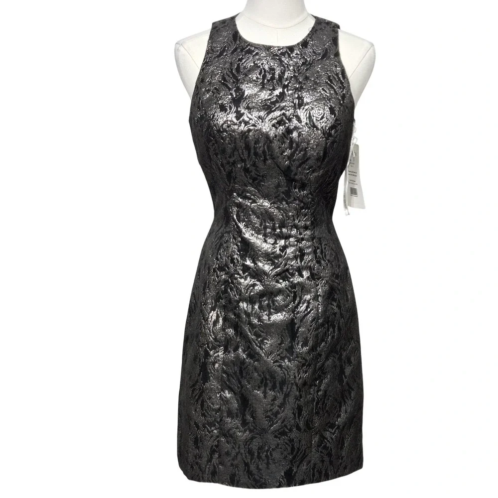 metallic brocade sheath dress Giovanna Metallic Brocade Ruffle-Shoulder Sheath Dress-Plus